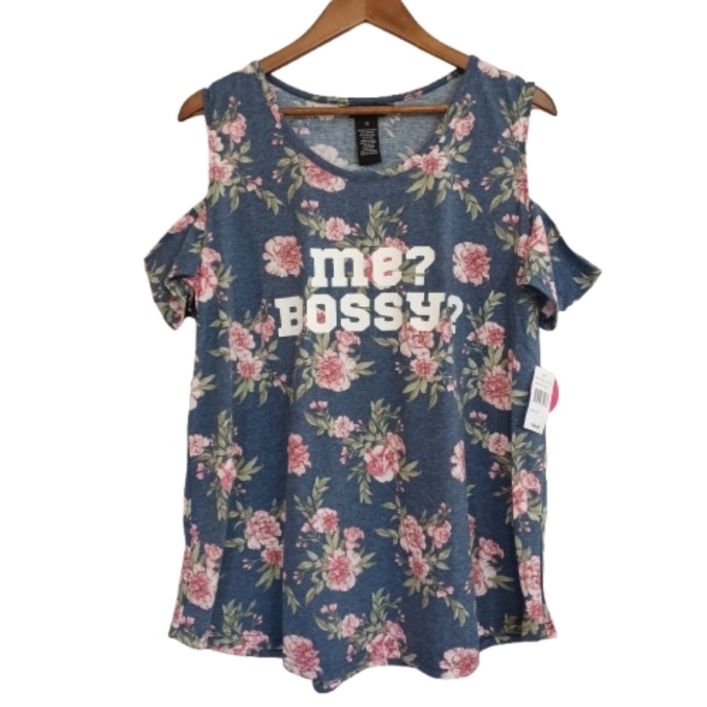 JUSTIFY Juniors 1X Plus Floral Split Cold Shoulder Top Blue Pink Bossy Graphic